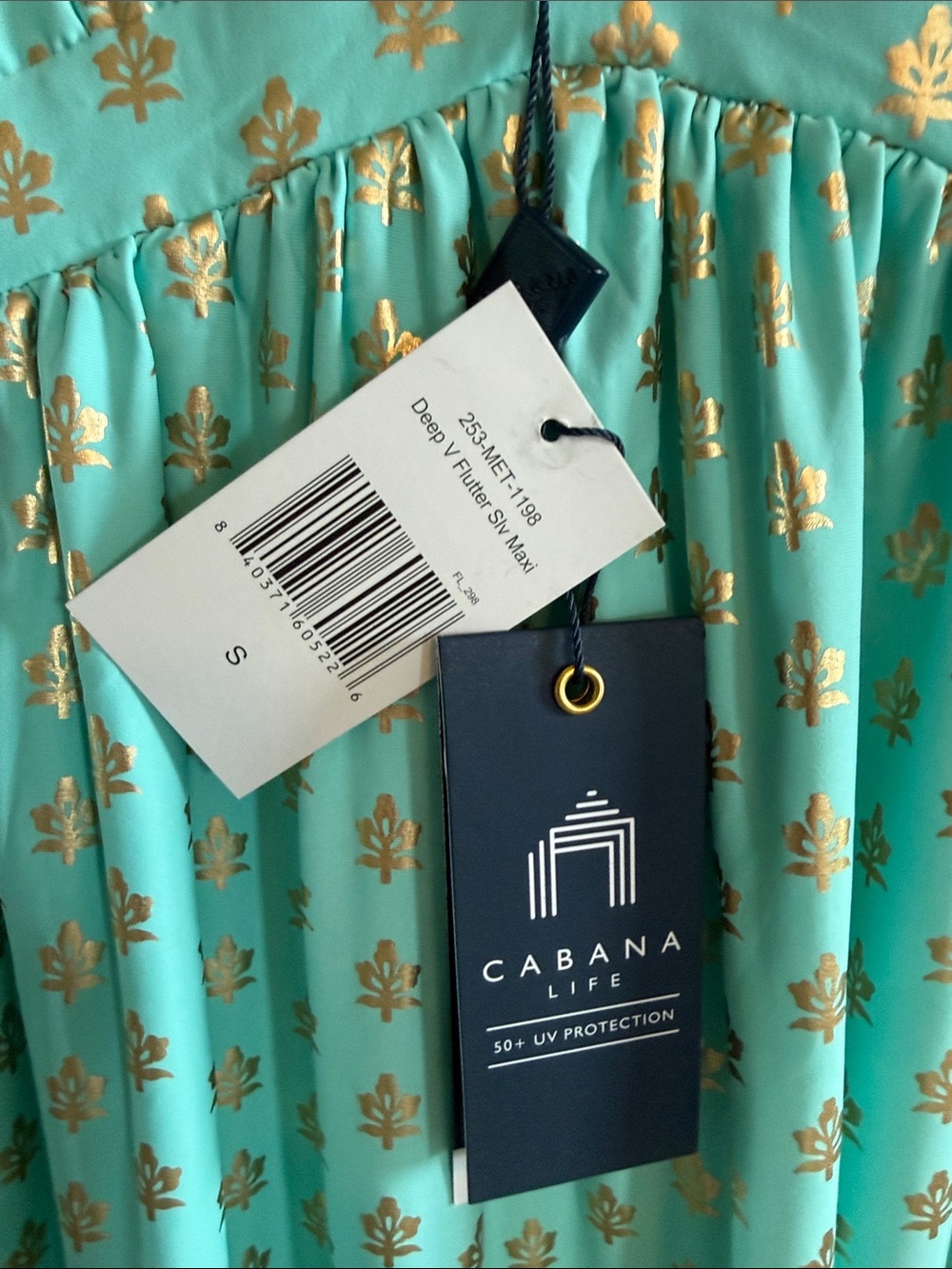 Cabana Life Deep V Flutter Sleeve Maxi Dress NWT Mint Gold UPF 50+ Size Small - Picture 2 of 4